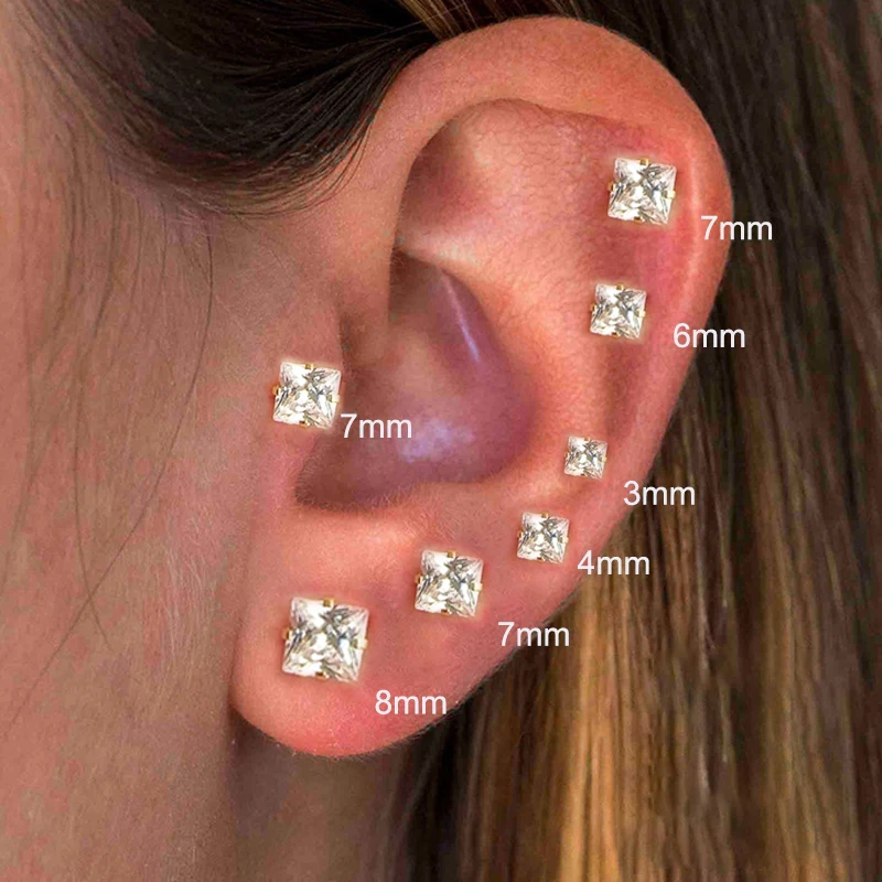 Zcompresses-Boucles d'oreilles carrées brillantes en acier inoxydable pour femmes, bijoux piercing au cartilage Helix Tragus, mode coréenne, 3mm, 4mm, 5mm, 6mm, 7mm, 8mm, 2 pièces