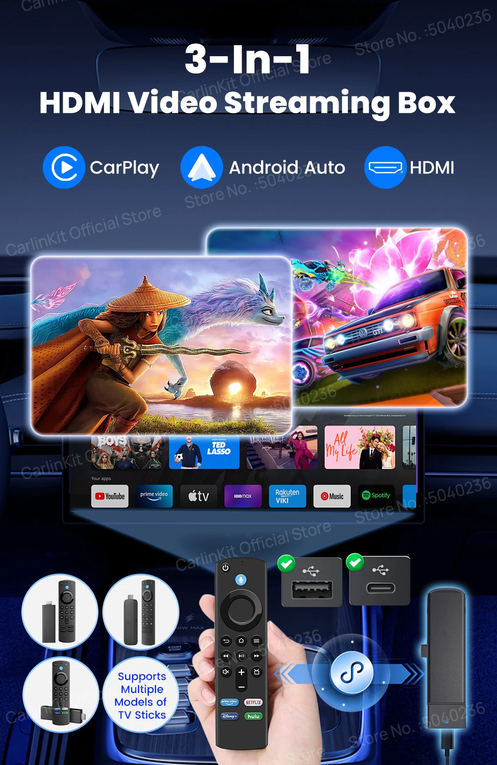 CarlinKit FireDrive Link Pro 3-in-1-Wireless-Adapter Wireless Android Auto CarPlay HDMI für Fire TV Stick Lite/Max/HD Play Video – Detail 5