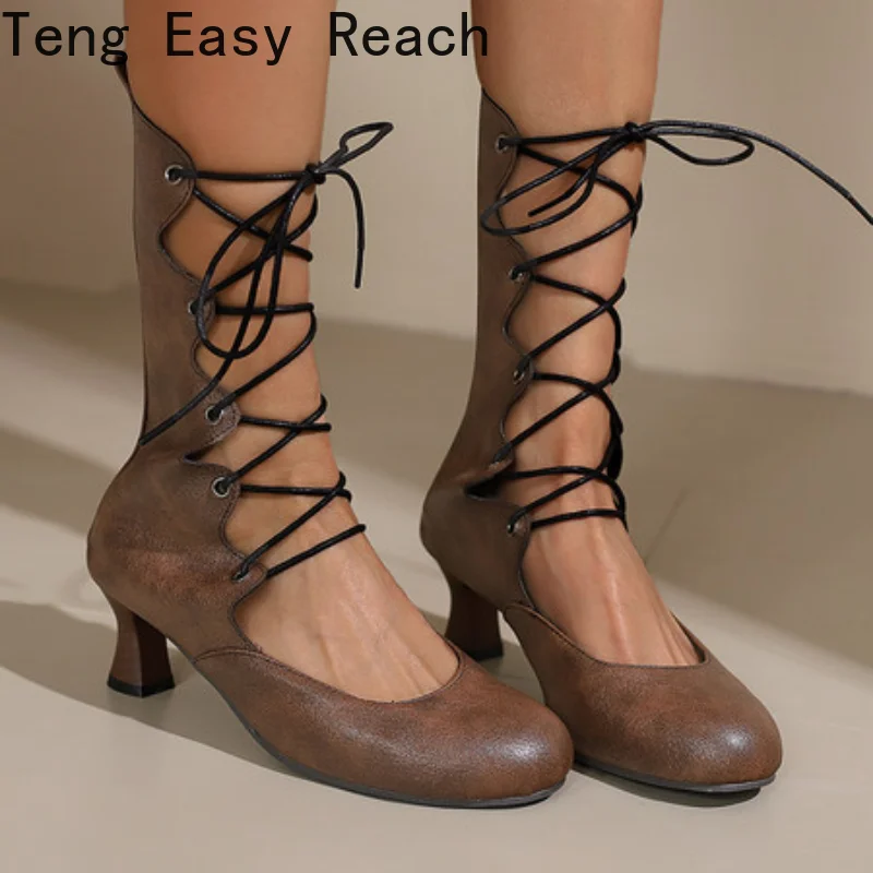 

Fashion Female Mid Calf Boots Round Toe Strange Heels 6cm Lace Up Big Size 48 49 50 Vintage Leisure Summer Women Bota
