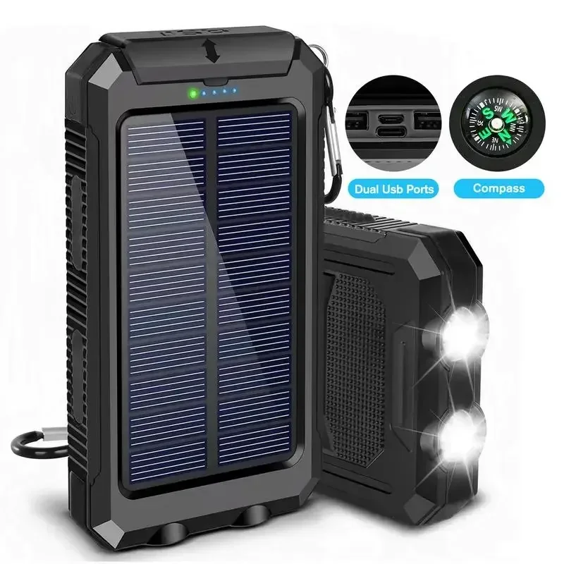 Carregador solar 4 em 1 essencial para exterior 10000mAh - luz LED + bússola, caminhadas, acampamento indispensável