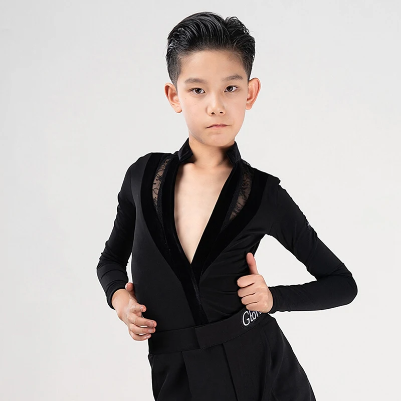 Black Laitn Dance Tops for Boys Long Sleeve Latin Training Clothes V-Neck Stand Collar Cha Cha Rumba Clothes Kid Dancewear 2716