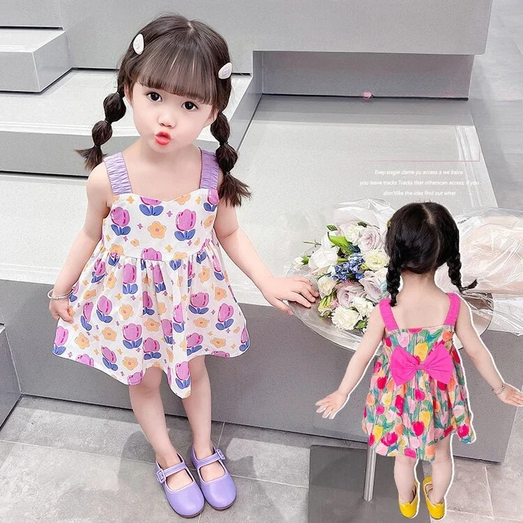 Blumen-A-Linien-Kleid – trägerloses, bauschiges Sommerkleid mit Cartoon-Print, süßer Prinzessinnen-Stil für Mädchen