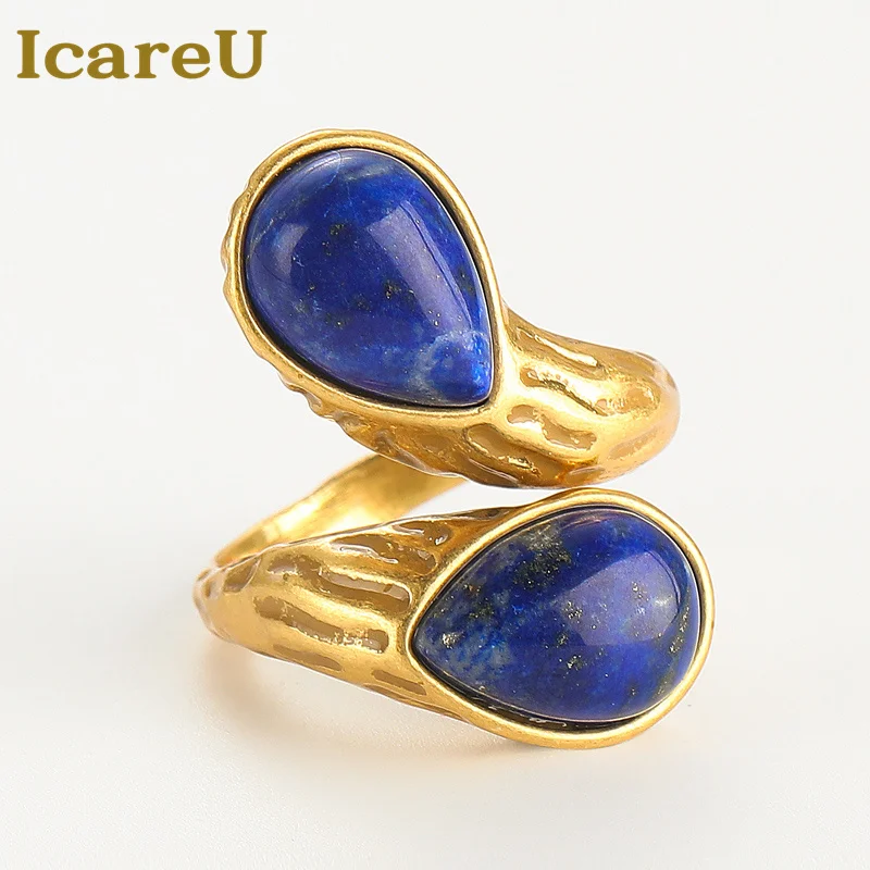 

Vintage Blue Rings Woman Lapis Lazuli Natural Stone Water Drop Luxury Designer Jewelry Open Decorations Items Accessories 2025