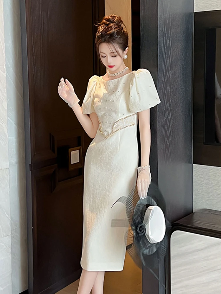 Sommer Frauen Kleidung formale elegante Luxus Abend langes Kleid Vintage Chic O-Ausschnitt schlanke Midi Bleistift Party Geburtstag Mujer Vestidos