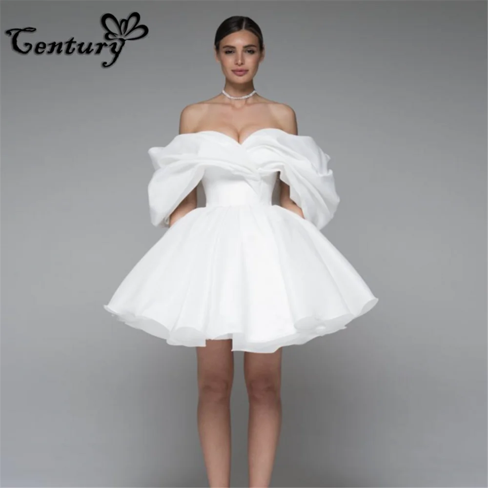 

Satin Mini Wedding Dresses A-Line Backless Ruched Off Shoulder Bridal Gowns Short Bride Dress Plus Size Vestido De Novia