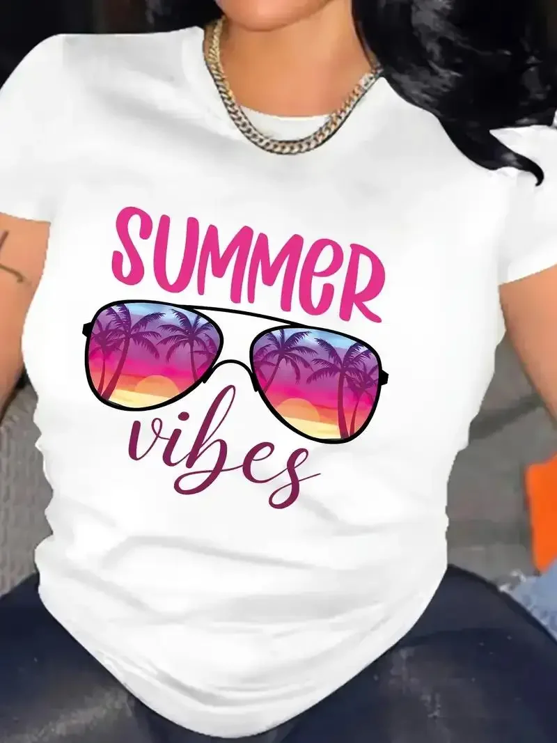 Summer Vibes Beach Vacation Glasses Graphic Women T-Shirt Soft Casual T Shirts Street Breathable Short Sleeve Cotton T Shirt