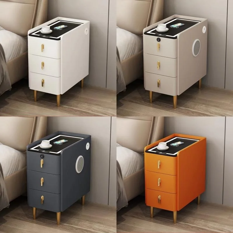 Nordic Style Intelligent Wooden Bedside Table with Wireless Charging Faux Leather 3 Drawers 25cm Nightstands Storage Cabinet