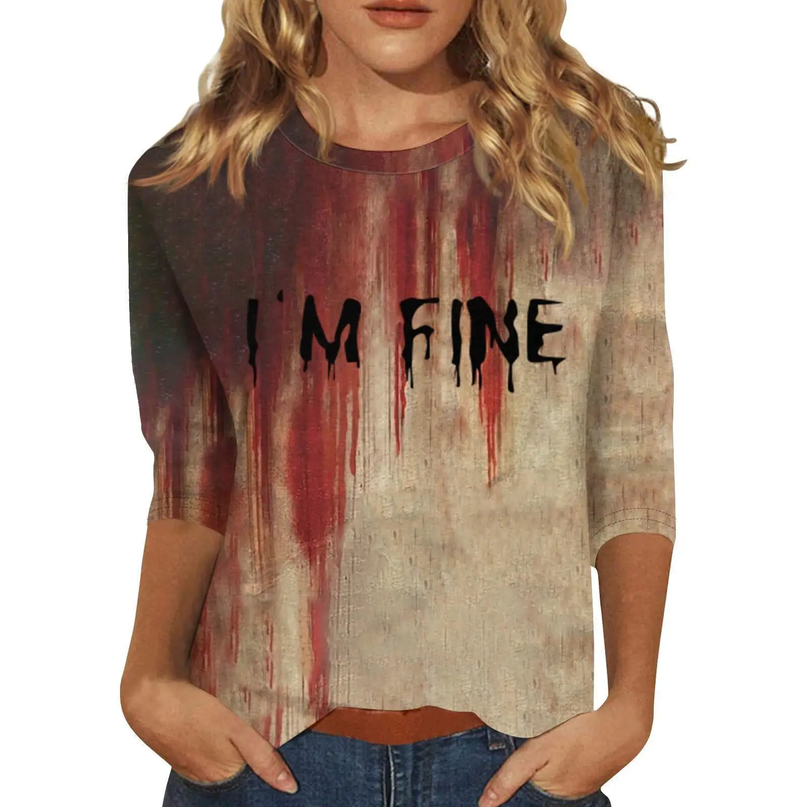 

Ladies Summer Printed T-irt with ort Sves Commute Sle Loose Fit Polyester Fabric Seven-Quarter Sve Polyester Fiber