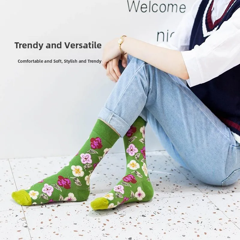 

Sweat Absorbent Mid-Calf Sos Long Tube Sos for Men And Women Autumn Winter Floral Pattern Home Comfort Stoings