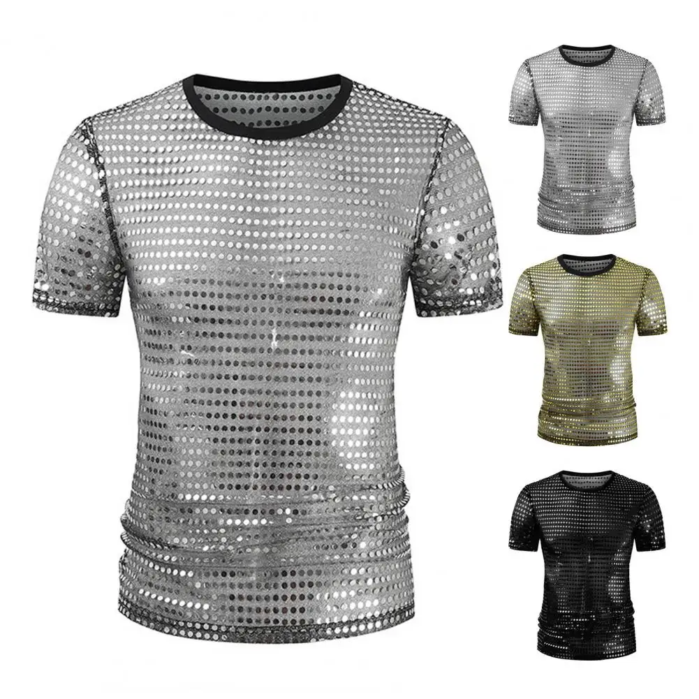 Мужская футболка с блестящими пайетками, блестящая свободная джазовая футболка в стиле хип-хоп, топ для современных танцев, блузка, сценическое выступление, ночной клуб, костюмы для фестивалей