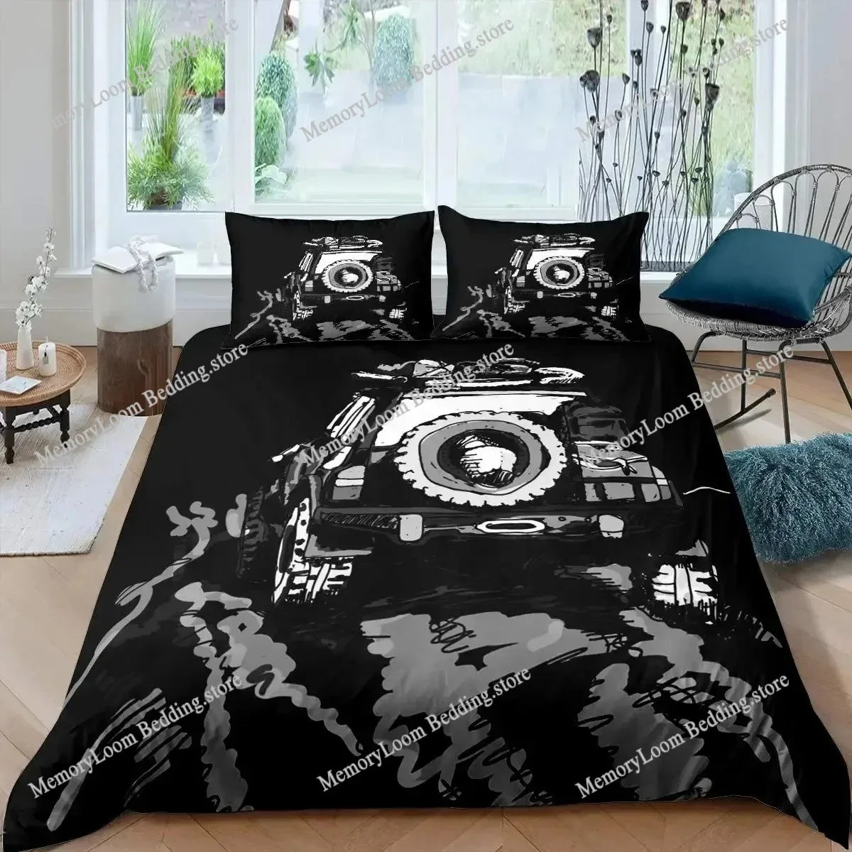 Jeep Vehicle Duvet Cover Set One Click Repaint Never Stop Off-Road Adventure Automobiles Bedding Set,Sports Car Bedding Sets