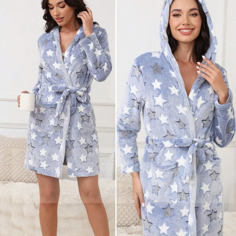 

Пижама с принтом, теплый фланелевой халат, серая ночная рубашка с капюшоном, короткое кимоно, интимное белье, сексуальный халат с карманом