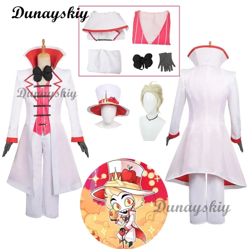 Hazbin Lucifer Cosplay Anime Hotel Morningstar Cosplay Costume Wig Daddy White Suit Devil Hell Halloween Party Adult Men Costume