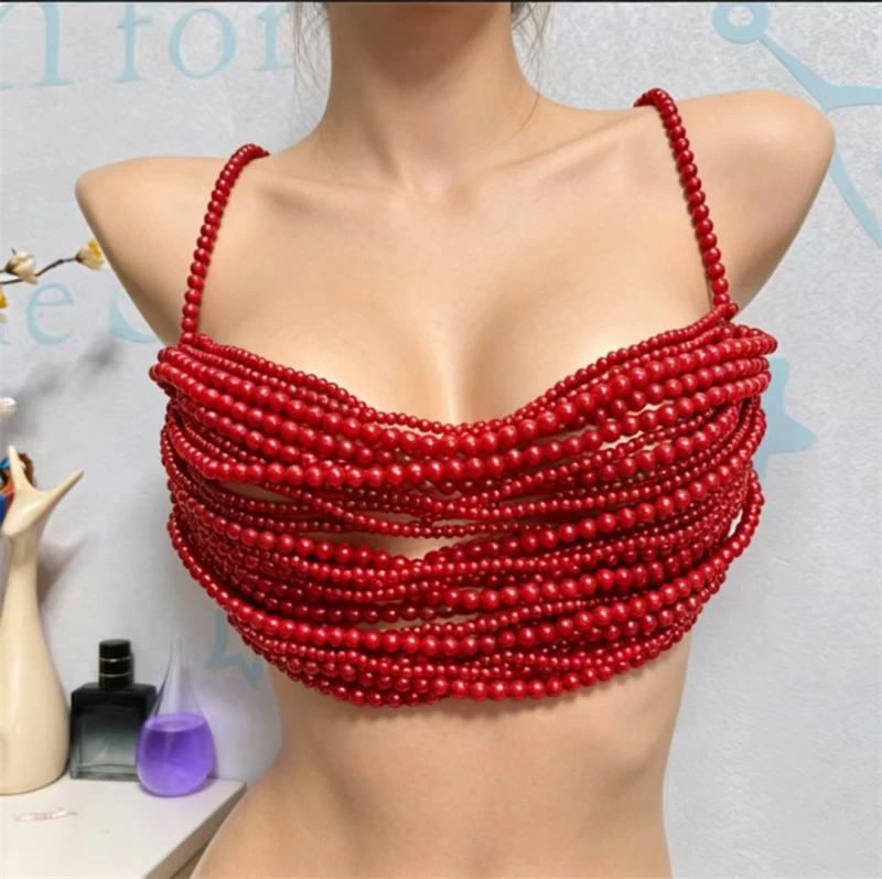 Damen Perlen-Körperkette BH Sexy Mehrlagiges Perlen-Y2K-Crop-Top Spaghetti-Träger Strand-Bikini-Überzug футболка+женская 2026 – Detail 8