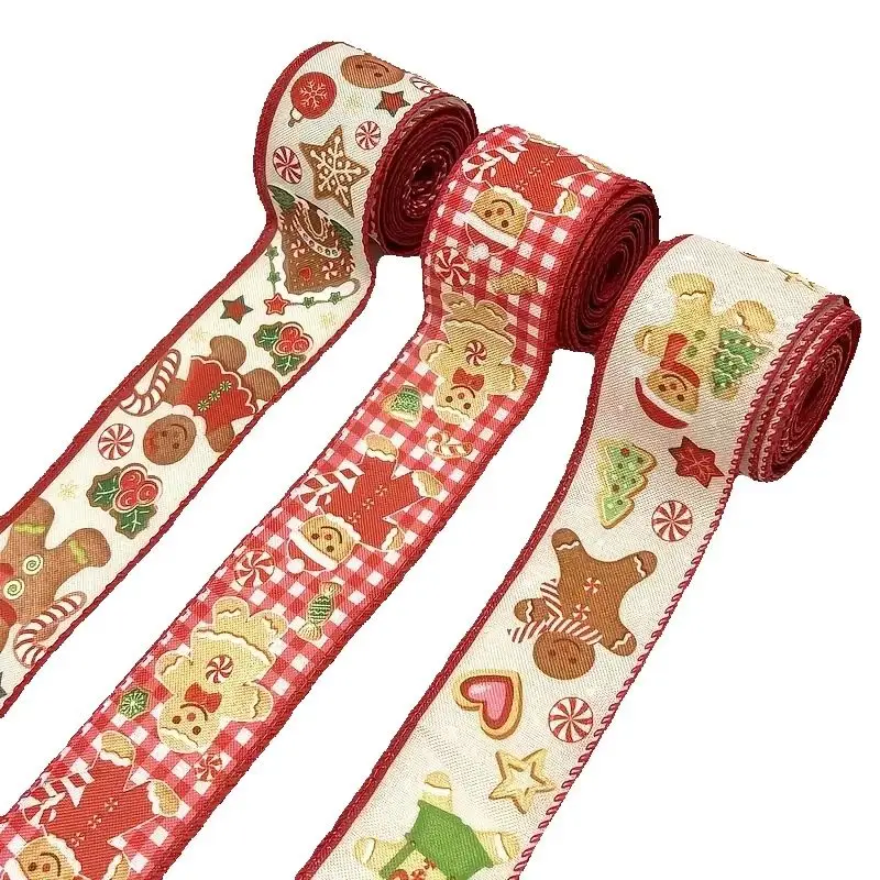 5 Yards Weihnachts-Lebkuchenmann-Sackleinenstoff, verdrahtetes Band mit kleiner Puppe, Weihnachtsbaum-Sterne für Weihnachtsschleifen, Party-Dekoration