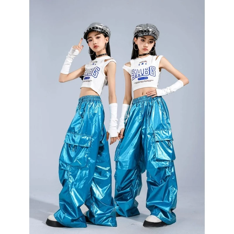 

Girls Hio Hop Crop Tank Top Street Dance Shiny Cargo Pants Kids K-pop Streetwear Costumes Children Jazz Girl Group Clothes Sets