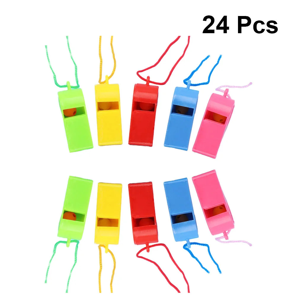 

24Pcs Plastic Whistles Colorful Cheering Refueling Whistles Referee Whistles Kids Toy Sporting Goods (Random Color)(with Rope)