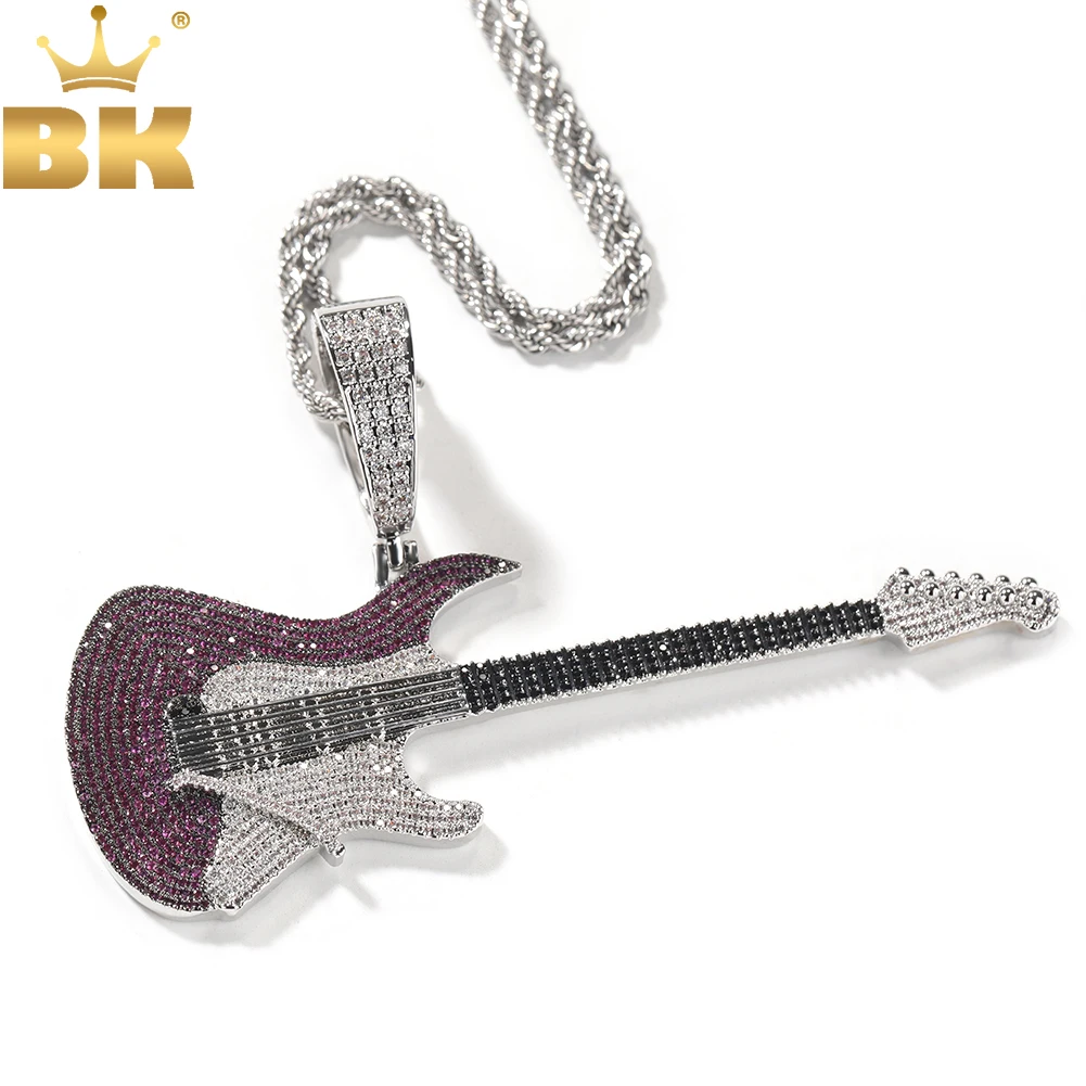 THE BLING KING Rock Music Guitar Pendant Necklace Micro Paved Out Cubic Zirconia Luxury Hiphop Punk Jewelry For Men