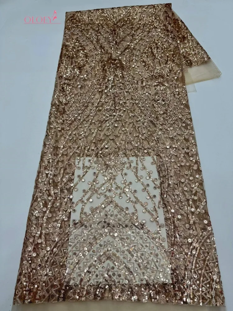 OLOEY High Grade African Beaded Lace Lace 2026 High Quality Nigerian Sequins Mesh Lace French Tulle Fabric for Sewing Party Dres