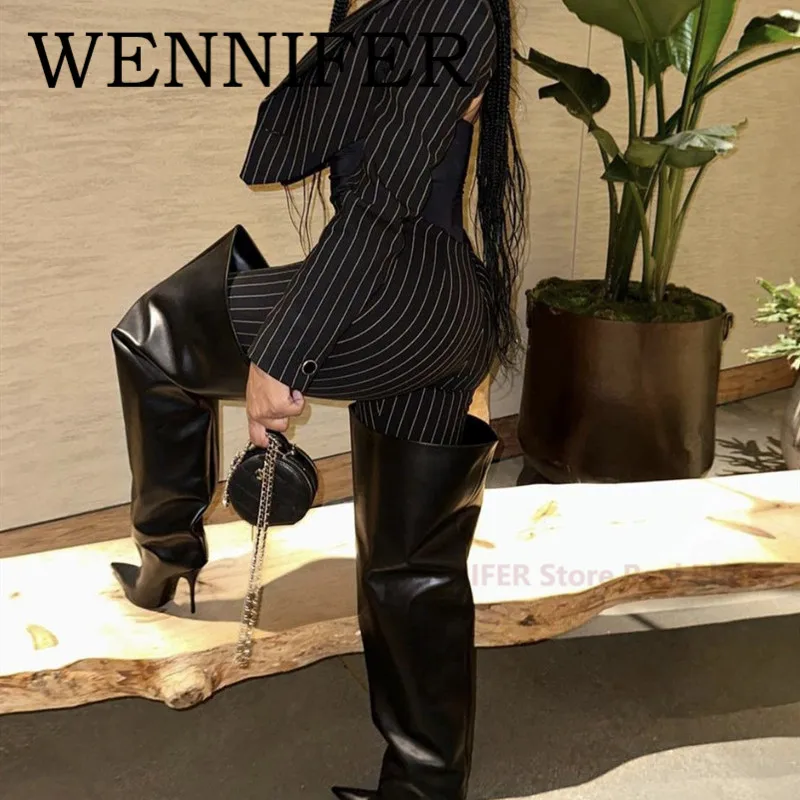 Women Wide Style Waders Thigh High Boots Pointed Toe Cone Stiletto Heel Boots Ladies Night Party Slip-on Over The Knee High Boot