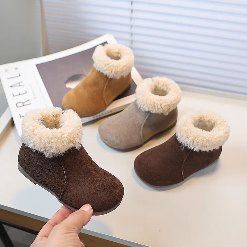 JGSHOWKITO Kids Winter Warm Boots Solid Color Suede Girls Ankle Plush Boots Furry Hairy Non-slip Outdoor Children Cotton Boots