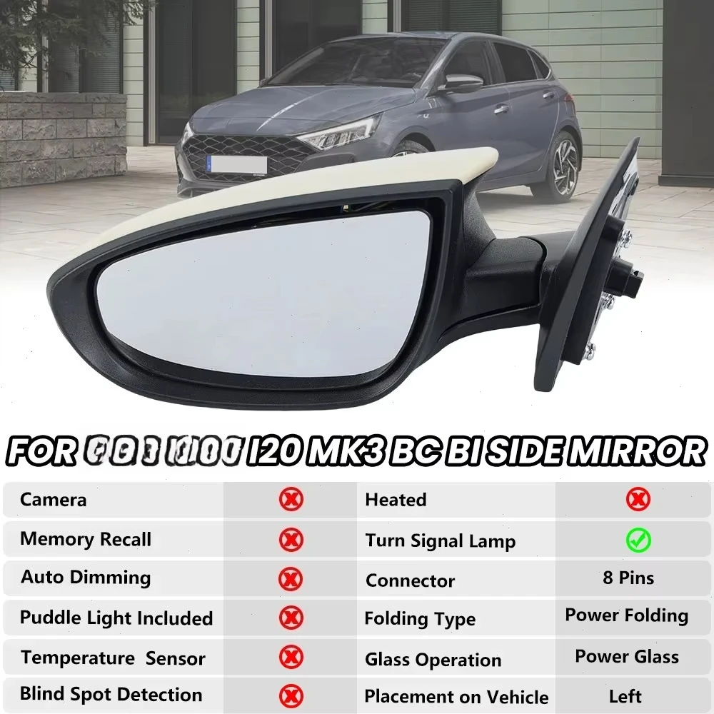 5/8 Pins Rearview Mirror Assembly for I20 MK3 BC BI 2020 2021 2022 2023 2024 Primer White Side Mirror Car Accessories