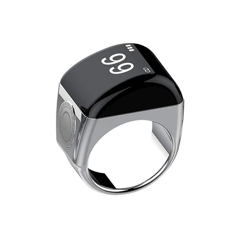 Anello intelligente in lega di zinco con scatola di ricarica Contatore digitale impermeabile Display controllato da APP 5 promemoria tempo di preghiera Argento, 20 mm