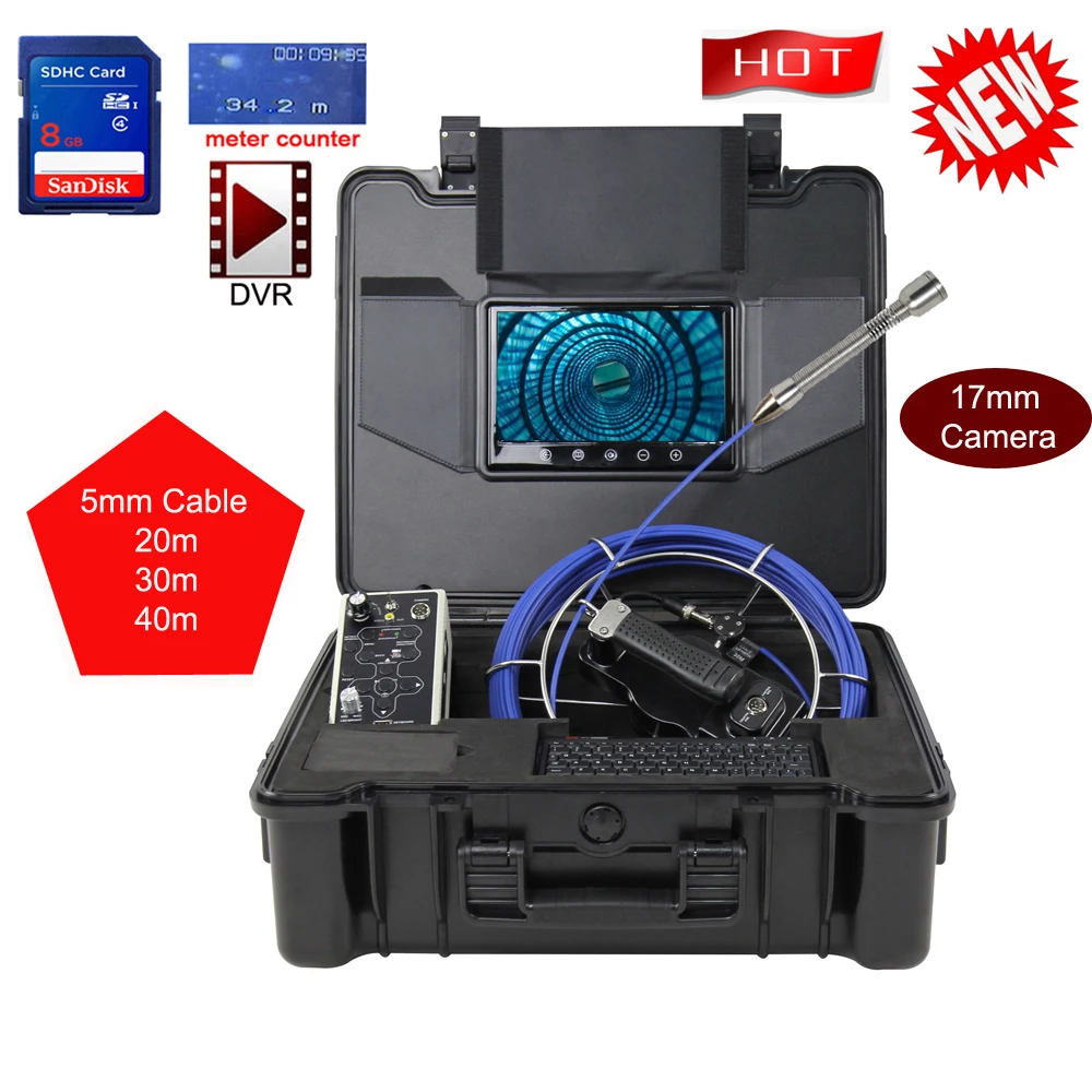 14mm Camera Head 5mm Cable Sonde Pipe Sewer Drain Inspection Camera Endoscope Borescope 9CLD DVR Meter-Counter