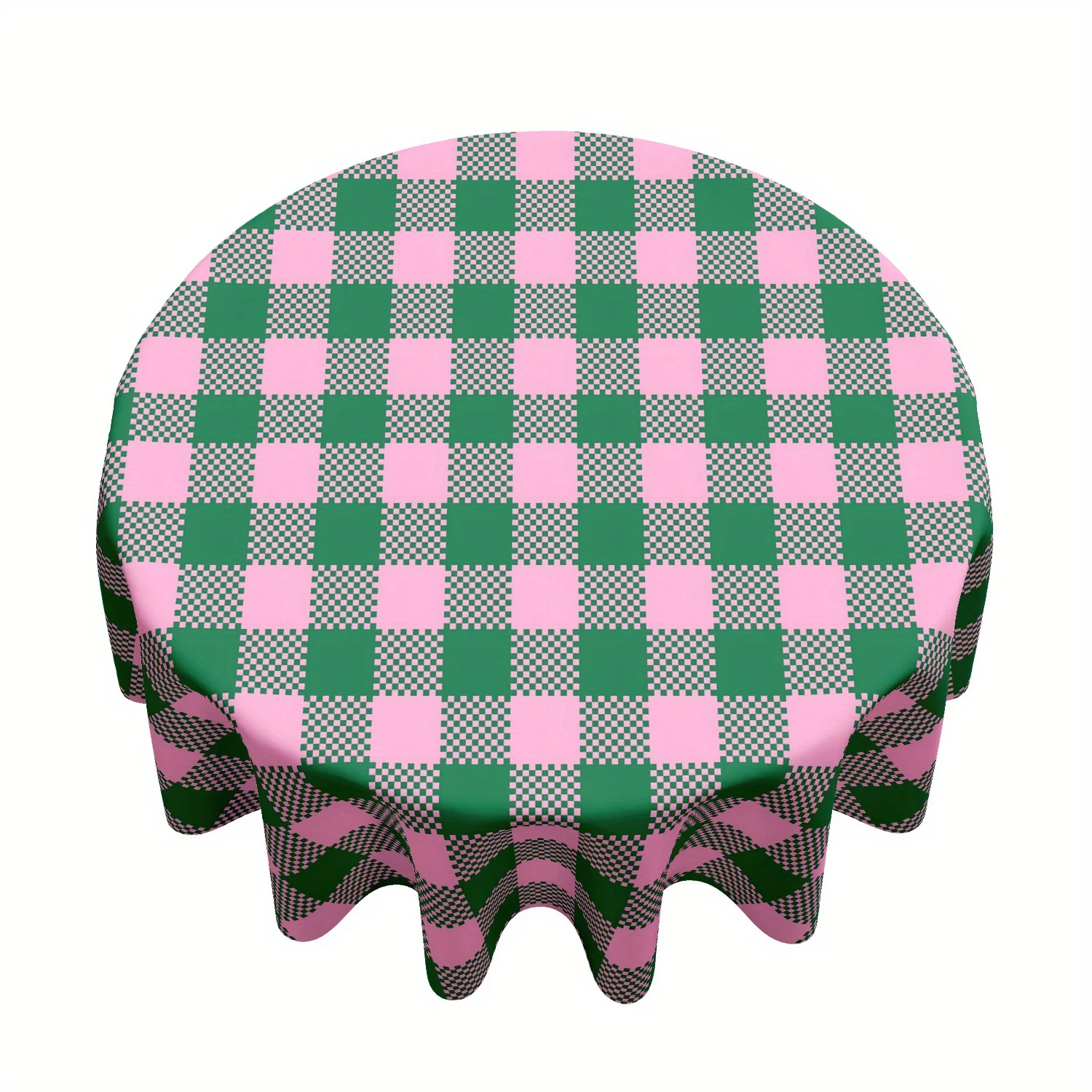Pink and green checked round tablecloth, indoor and outdoor home decoration.