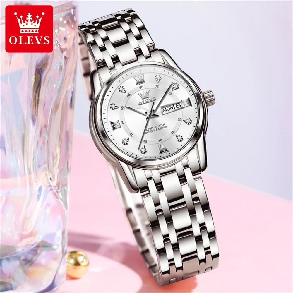 OLEVS 2024 Fashion Business Women Watch Luxury Quartz Diamond Dial Stainless Steel Waterproof Elegant Ladies Watch Reloj Mujer