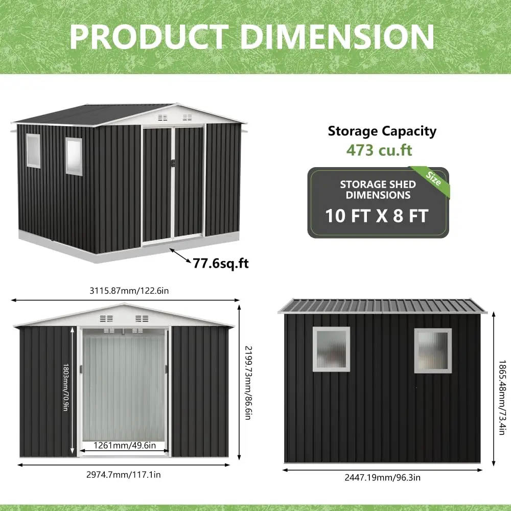 Outdoor 10x8ft Metal Storage Shed with Sliding Door & 4 Windows, Customized