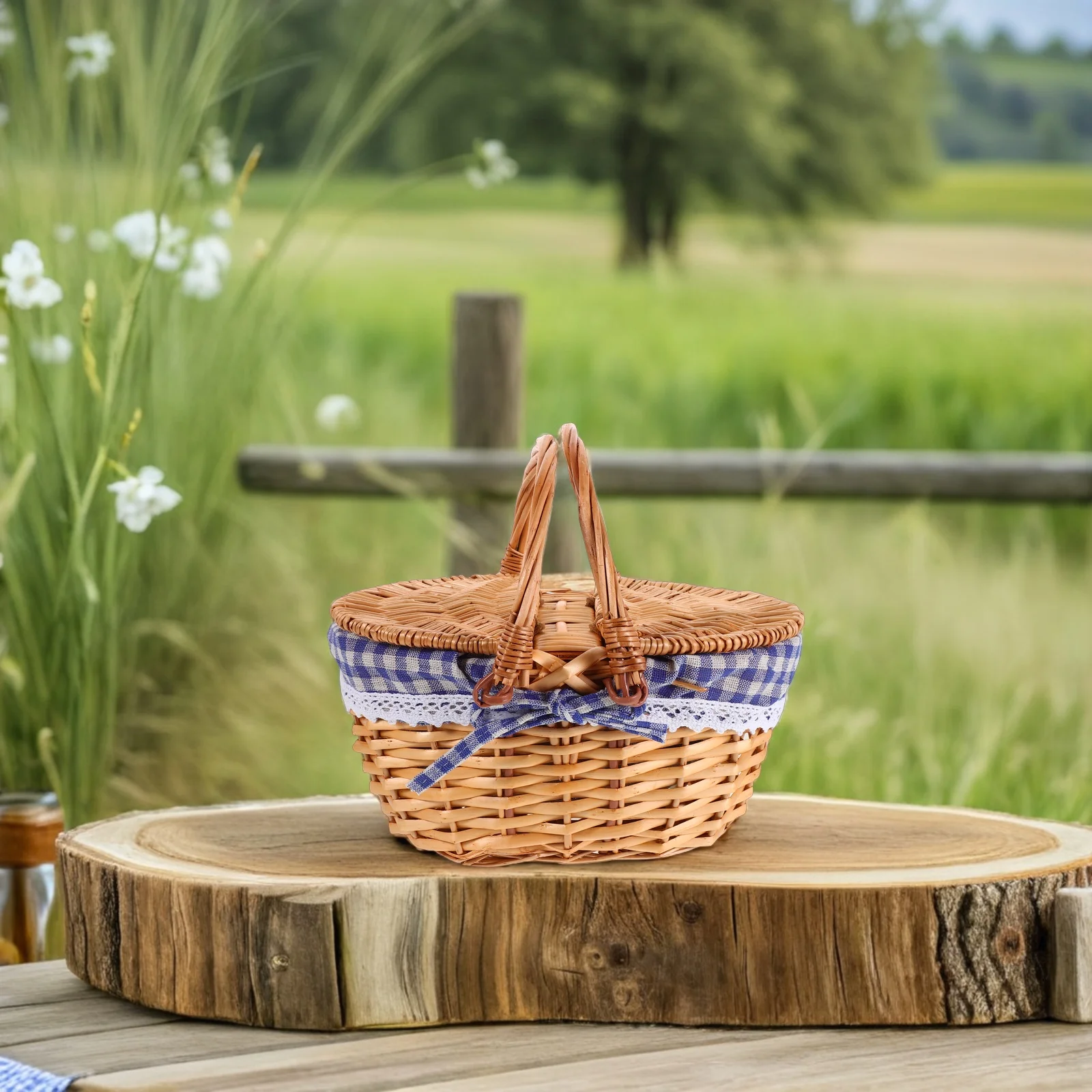 

Small Rattan Picnic Hamper Kids Wicker Basket Double Handle Portable For Harvesting Foraging Berry Picking Pretend Play