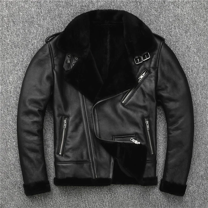 

Men's Winter Oblique Zipper Biker Genuine Leather Jacket Retro Wool Fur Warm Clothes New Fashion Black Sheepskin Coat