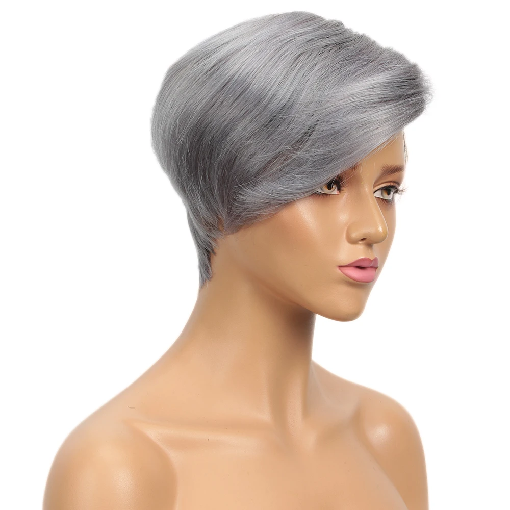 Sleek Short Pixie Cut Lace Human Hair Wigs For Women Grey Colored Brazilian Hair Wigs 613 Blonde Lace Wigs With Black Roots