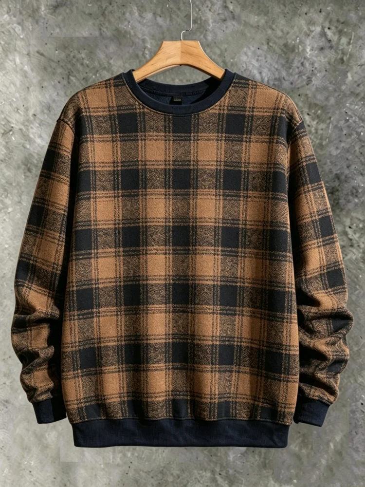 Men's Crewneck Sweatshirt Vintage Plaid Print Long Sleeve Classic Tartan Pullover with Ribbed Hem