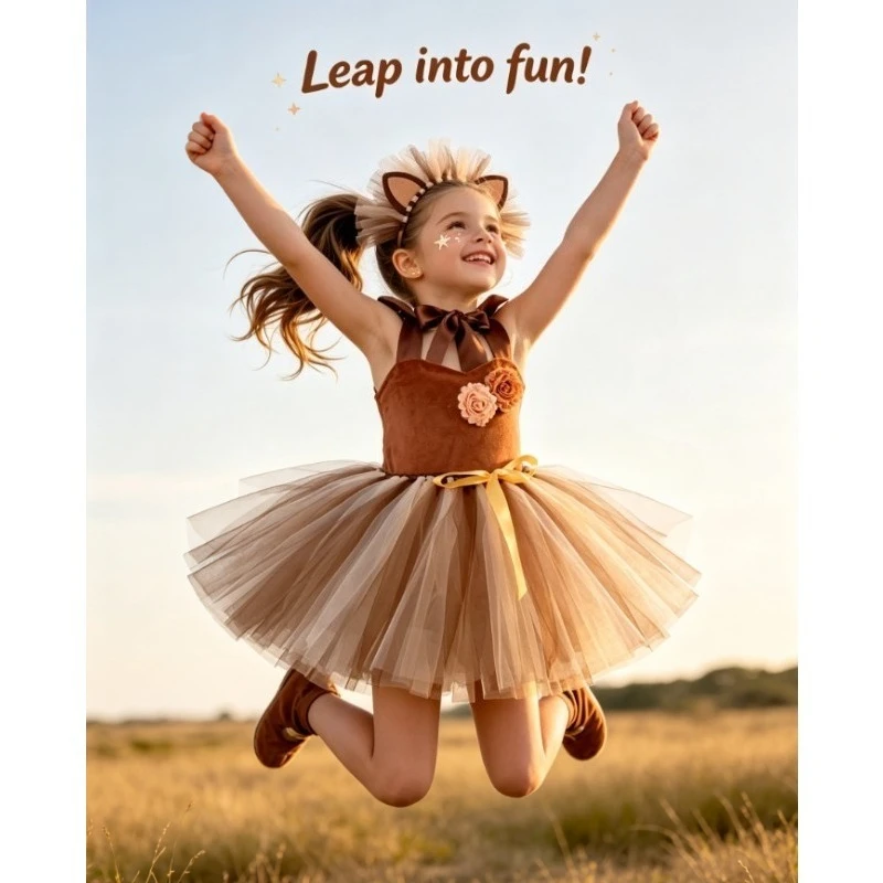 Lion Dress Set Kid Jungle Themed Halloween Party Costume Fancy Tutu Outfit with Headband for Carnival Birthday Stage Performance