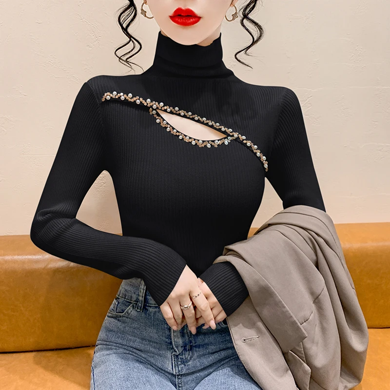

Осень-зима 2025 года, свитер с высоким воротником, сексуальная полая вязаная рубашка с бисером, женские пуловеры с длинными рукавами, топы