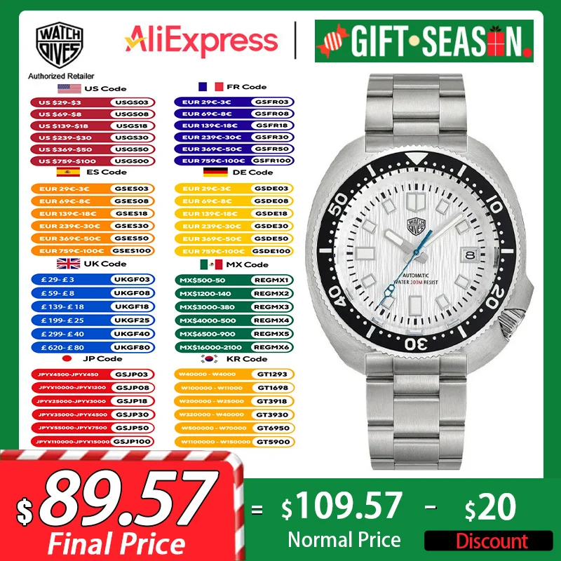 Watchdives wd6105 nh35 movimento relógio de mergulho 300m à prova dwaterproof água relógio de pulso cristal safira bgw9 azul luminoso relógio de aço