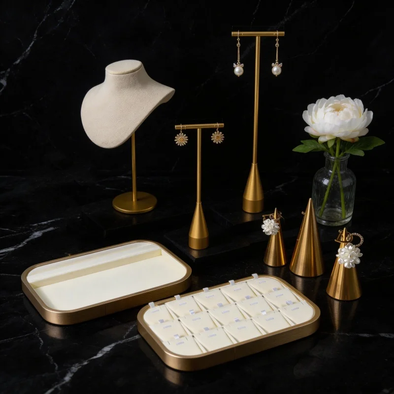 Beige Velvet Jewelry Display Tray Set, Multi-Compartment Organizer Stand for Ring Earring Necklace Bracelet, Modular Showcase fo