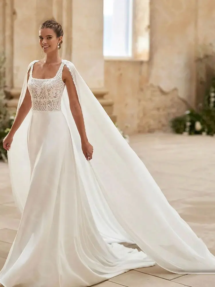 Customized Classic Wedding Dresses 2025 White Bridal Gowns Lace with Cape Bride Dresses Square Neck Wedding Gowns Back Out