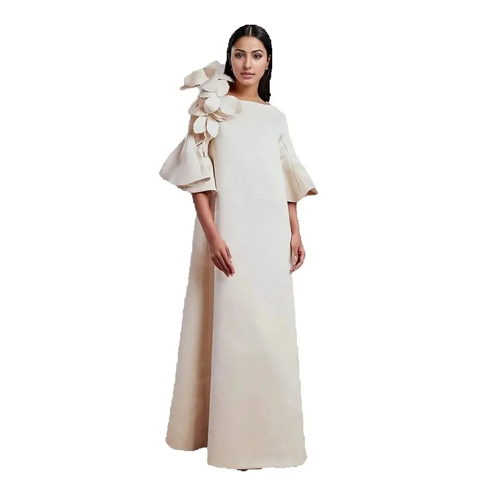 New Arabic Evening Dresses 2024 Off White Prom Party Gowns Trumpet Sleeves Wedding Guest Dress Bateau Neck Flowers Floor Length