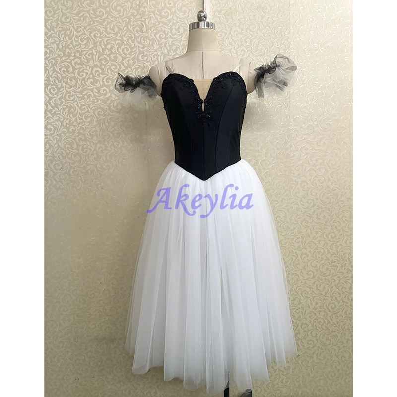 

Akeylia black white Professional Ballet Romantic long soft tulle dress costume Tutu Ballet stage Dance skirt 5 layers JN9088B