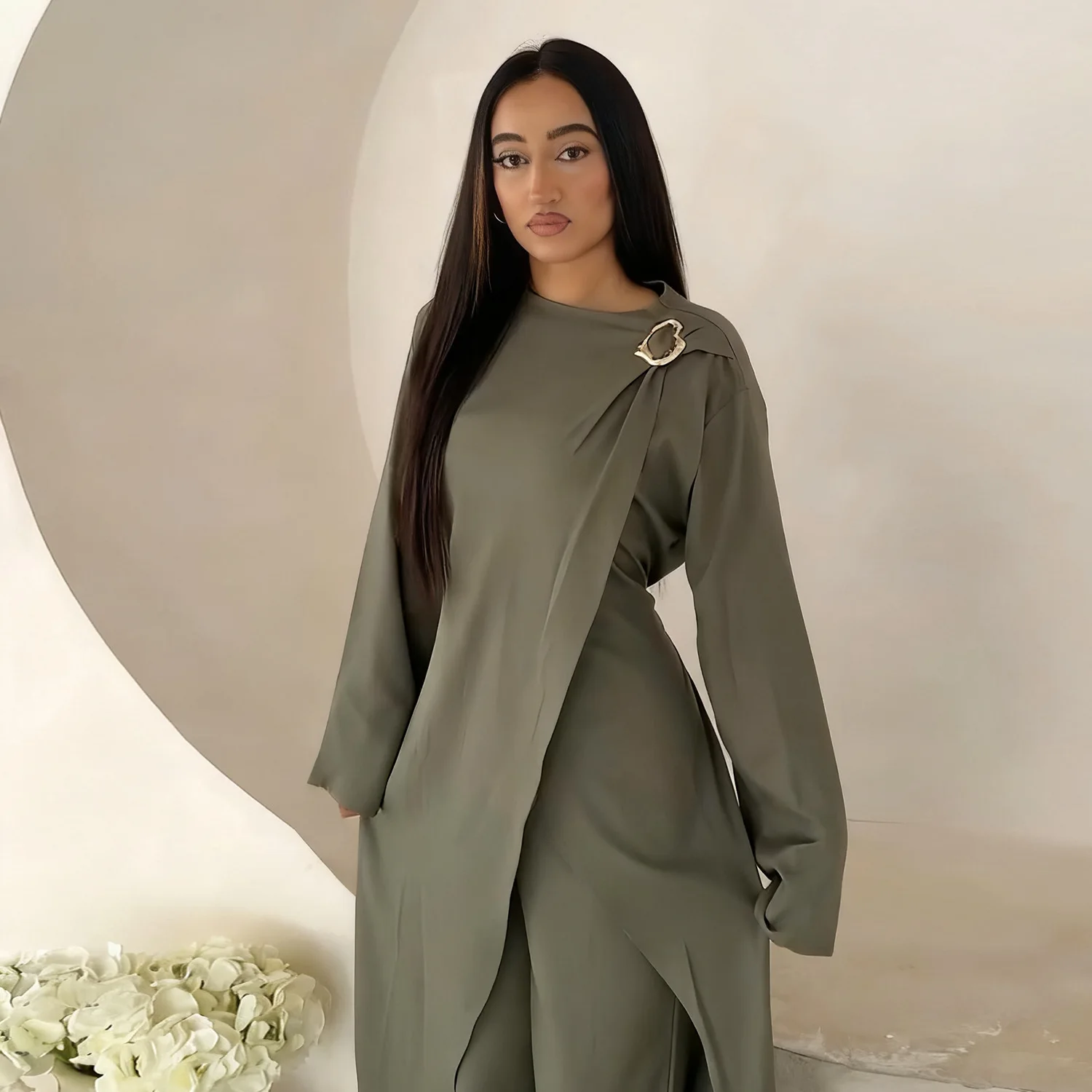 

Winkle Muslim Women Maxi Tops Pants Set Eid Dubai Abaya Dress Kaftan Islam Clothing Arabic Robe Suit Femme Musulmane Ensembles