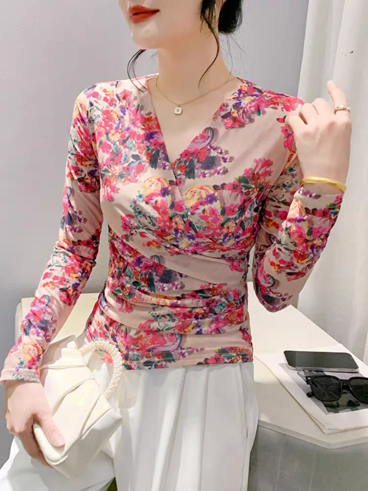 Korean Sweet Woman V-neck T Shirt 2024 New Autumn Long Sleeve Slim T-shirts Ladies Fashion Mesh Tees Tops