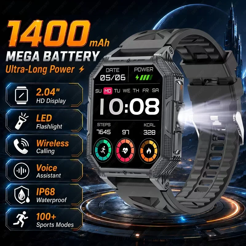 2026 New 1400mAh Battery Military Smart Watch Men IP68Waterproof Fitness Tracker Health Monitor Outdoor Sports Call Smartwatches