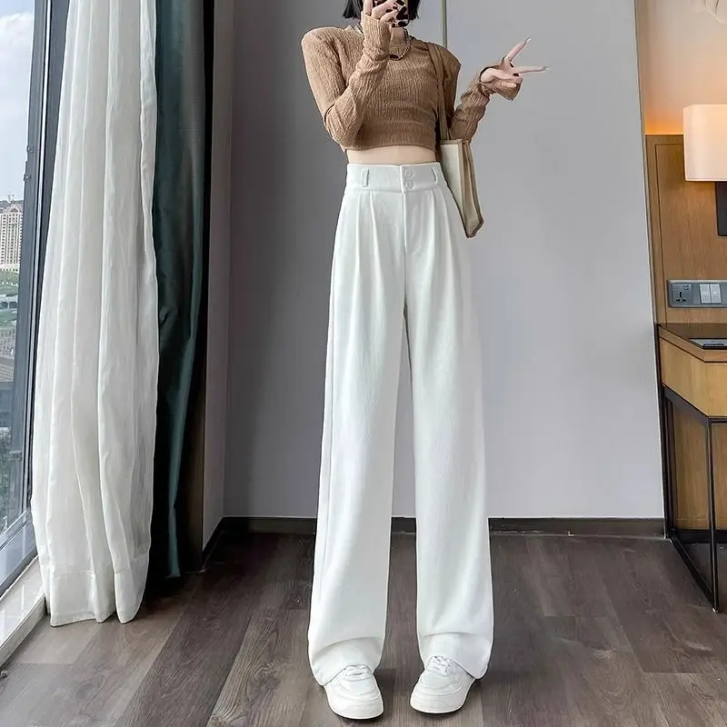 

Модные узкие брюки с широкими штанинами для женщин, весенне-осенние, новые, однотонные, с высокой талией, прямые, в пол.