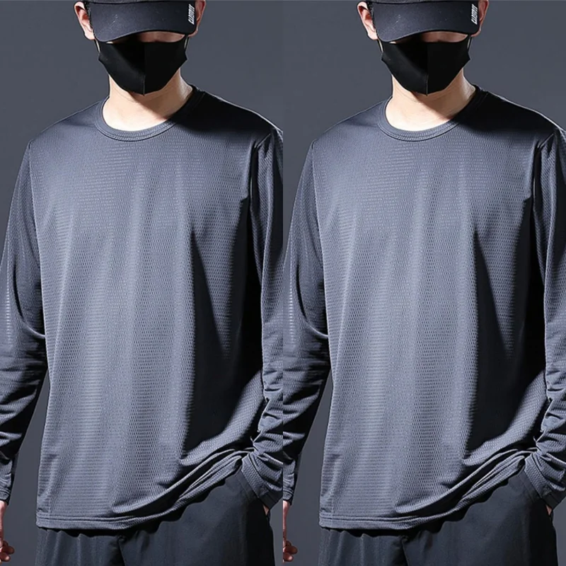 Quick Drying Ice Silk Long Sleeved T-shirt Men\'s Loose Round Neck T-shirt Summer Thin Sportswear Handsome All-match Male Top