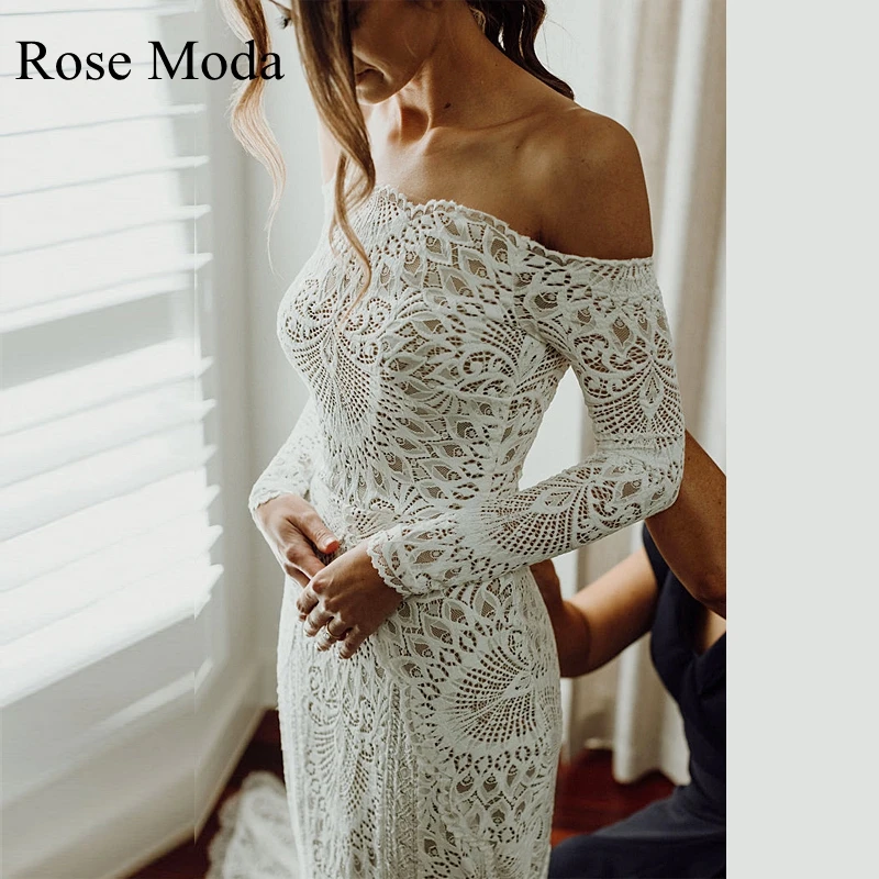 

Rose Moda Off the Shoulder Long Sleeves Lace Wedding Dresses Boho Destination Bridal Gown Custom Make