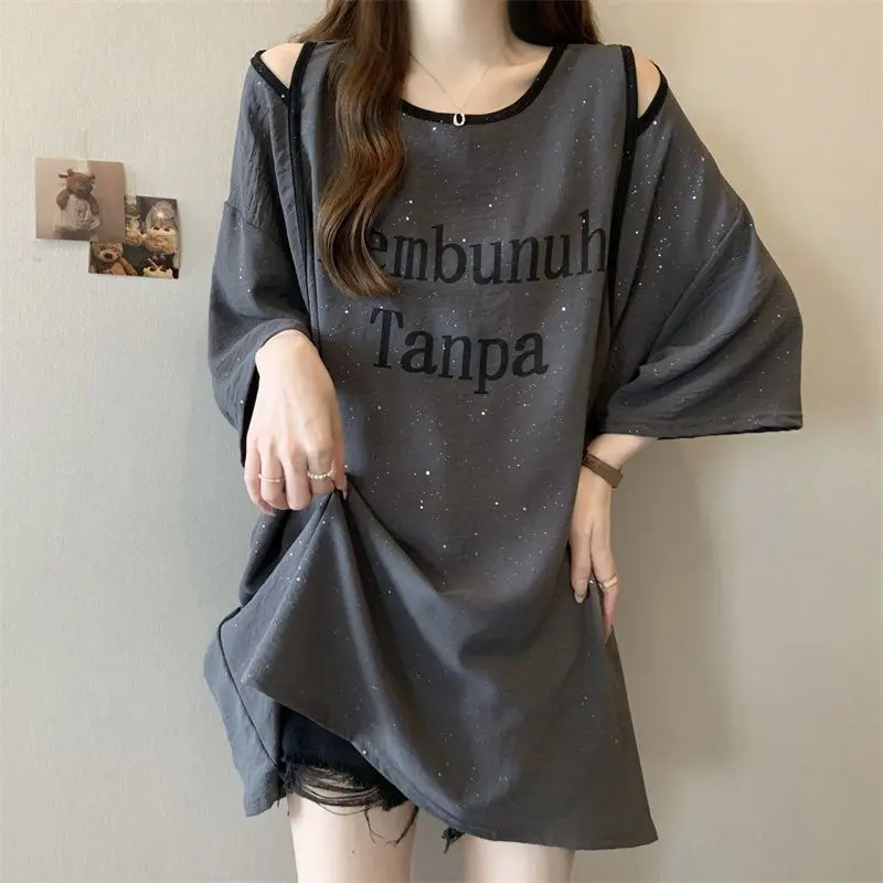 

Trend Hollow Out Off Shoulder Tops Tees Summer New Short Sleeve Letter Printing Loose Casual T Shirts Fashion Y2K Women Clothing