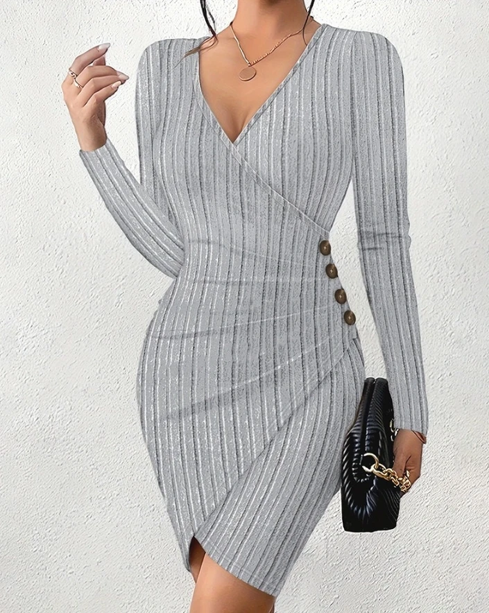 

Womens Dresses 2024 Spring Fashion Side Buttons Plunge Ruched Asymmetrical Wrap Sexy Plain Long Sleeve Bodycon Daily Mini Dress